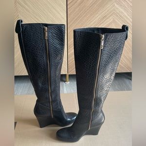 Authentic Tory Burch Dabney Wedge Tall Pebbled Leather Boots - Black Size 7B